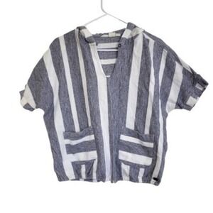 Roxy Womens Blue White Striped Short Sleeve Hooded Baja Poncho Top Large
